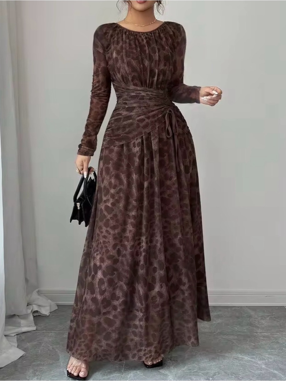 Brown Long Sleeve Leopard Print Maxi Dress